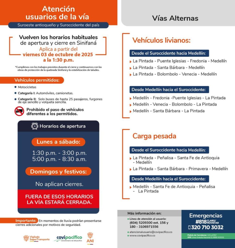 horarios en que está abierta la troncal del café a la altura de Sinifaná Ruta Noticias