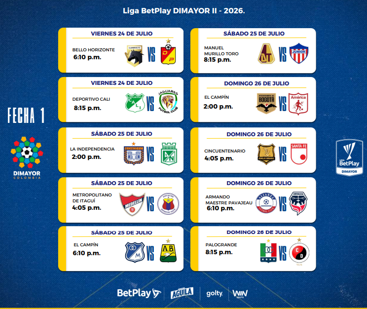 Calendario de la Liga Betplay 2 de 2026 Ruta Noticias